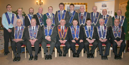 Dromara LOL No 12 pictured at a special meeting and dinner on Wednesday 4th March. L to R: (seated) Bro Hubert Steele (Past Master), Bro William Campbell (Secretary), Bro Wesley Jess (Worshipful Master), Bro Norman Mulholland (Secretary and PM - Drumreagh LOL 1661), Bro Robert McCalla (Deputy Master), Bro Scott Carson (Chaplain), Bro Robert Fee (Past Master) and Bro Isaac McKnight (Past Master).