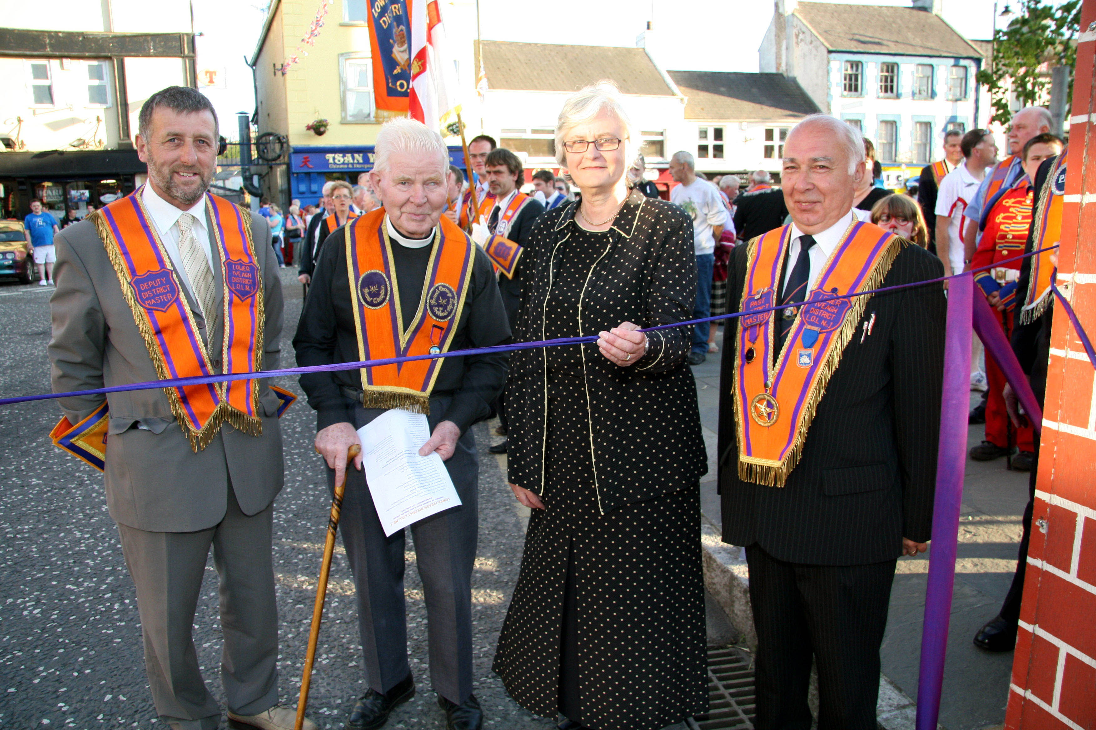 Pictured opening the arch at Dromore on Wednesday 24th June are L to R: Bro Maurice Coburn (Deputy District Master), Bro Rev Gerry Sproule (District Chaplain), Mrs Mary Mattison and Bro Eric Jess (Past District Master).