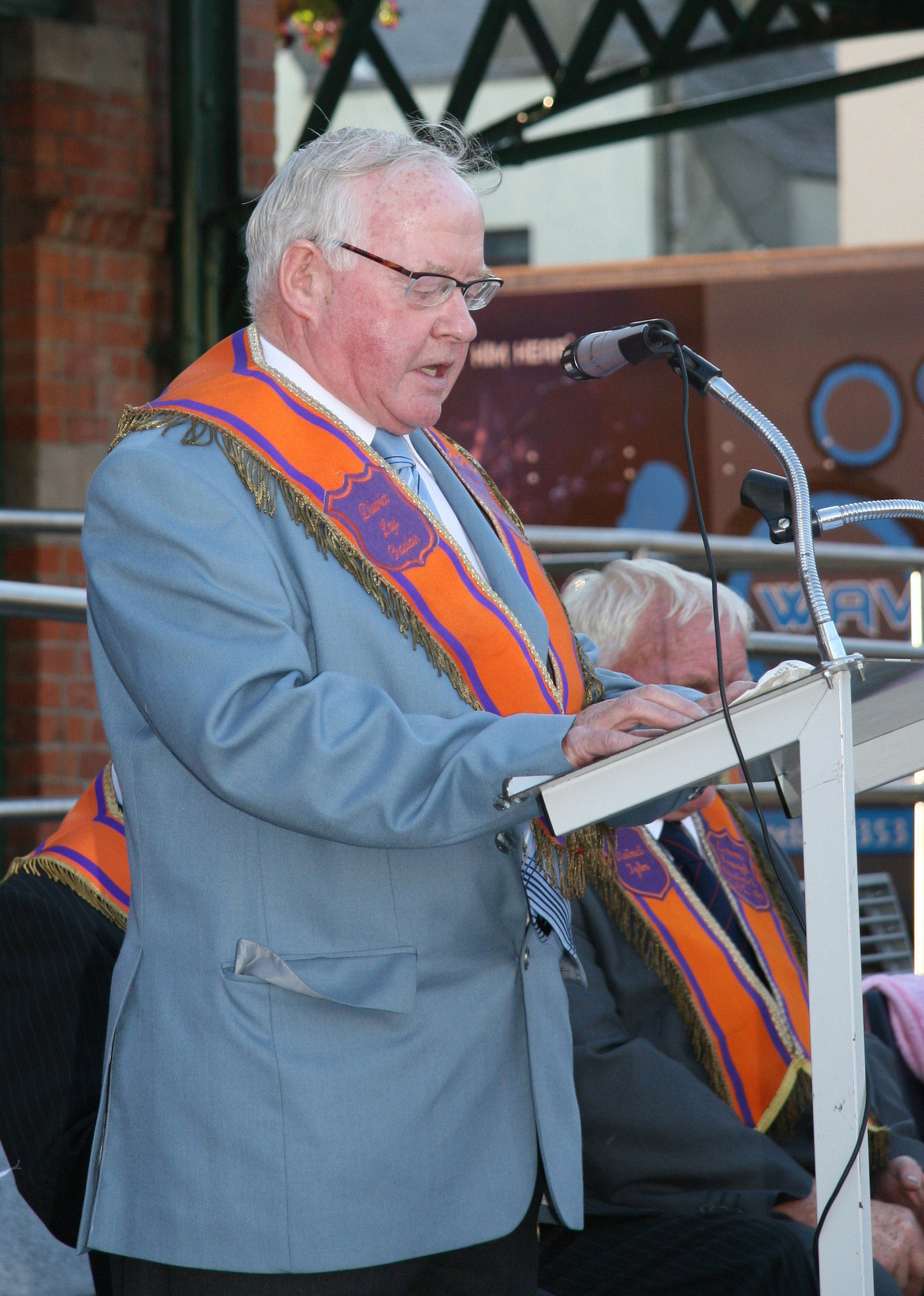 Bro Robert Murphy (District Lay Chaplain) reads a portion of Scripture at the opening the arch at Dromore on Wednesday 24th June.