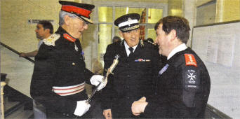 District Commissioner Mr Len Murray from Lisburn (centre) and District Medical Officer Doctor Mark Taylor (right) chat to special guest Her Majesty's Lord Lieutenant for County Down Colonel William Hall during the St. John Ambulance Annual First Aid and Care Competitions that took place in charity's headquarters Knockbracken Health Care Park. 