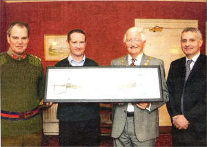 L-R Brigadier GPR Norton, Ian McCully of Henry Brothers, Lisburn Mayor Councillor Ronnie Crawford and Brian Mackey, Curator of Lisburn Linen Museum. Image by Mike O'Neill.