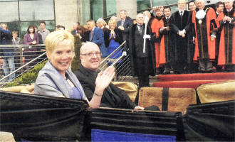Janet with her husband Paul arriving at Lagan Valley Island. 