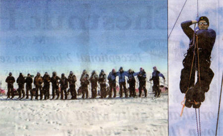 Competitors in the South Pole race before the event began. Insert: Mark in training for his trek across Antarctica