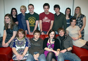 Paul and Laura Kelly pictured at their 21st birthday party with Laura’s friends from Friend’s School and Lisburn Elim.