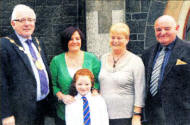 P4 pupil Molly Johnston with her mother Suzanne (a past pupil), grandparents Billy and Sandra Livingstone and Lisburn Mayor Councillor Allan Ewart. 