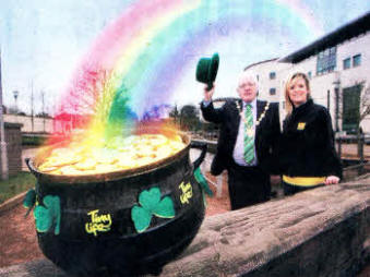 Councillor Allan Ewart and Samara Prentice, Community Events Officer at Tinylife find a pot of gold for the Mayor's chosen charity 'TinyLife'