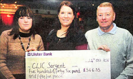 Fionnuala Savage of Clic Sargent receiving a cheque of £546.55 from Jamie-Lee Nethercott-Hall and Graham Kenny, President of Derriaghy Cricket Club following the charity Social Evening in Derriaghy Cricket Club. US4311-114A0