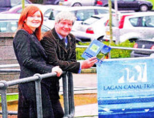 Joe Mahon and Cathy Burns, Lagan Canal Restoration Trust Manager with the brand new free visitor's guide for the Lagan Canal.