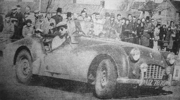 Robin McKinney of Harmony Hill, Lisburn brings his TR3 to a halt during one of the final tests in the 1SO0 mile Circuit of Ireland back in April, 1958. The final tests were held at Bangor Castle and McKinney and his navigator Denis Erskine finished sixth.