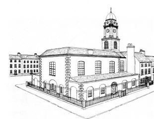Fig. 9. The market house, as it most likely appeared, after the additions of the early 19th century. (Drawing, Lisburn Museum, 1981).