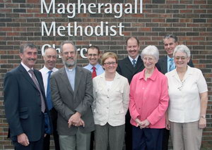 Magheragall Church Council. L to R: (front row) Mr Clem Gilbert (Society Steward), Rev Dr Peter Mercer, Miss Nathalie Scott, Miss Bobbie Wadsworth and Miss Roberta England.  (back row) Mr Alan Hamilton, Mr James Wright, Mr Roger McLernon and Mr Ian Macauley.