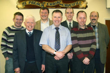 Ballygowan Mission Hall leaders L to R: (front row) Jim Moorhead, Gordon Martin and John Hobson.  (back row) Stephen Shanks (Treasurer), Philip Osborne, Stephen Gamble and Brian Poots. 