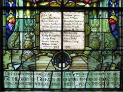 Memorial Window in memory of twenty-one men from Railway Street congregation who laid down their lives in the Great War, 1914 to 1919.