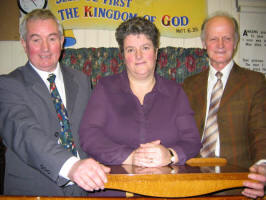 Magheraknock Mission Hall leaders Ronnie Douglas (left) and Sam Sommerville (right). Also included in the picture is one of the pianists - Ethne Douglas.
