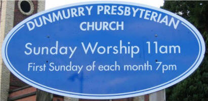 The welcoming sign at Dunmurry Presbyterian Church.
