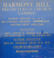 Harmony Hill Presbyterian Church Noticeboard.