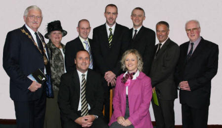 Pastor Richard Garnham pictured at his Service of Induction in Moira Baptist Church on Friday 12th September with his wife Elaine and L to R (back row) Councillor Ronnie Crawford (Lisburn Mayor), Mrs Jean Crawford (Mayoress), Dr Sam Gordon (Guest Preacher) and elders Mr Andy Lilburn, Mr Peter Smyth, Mr Maynard Mawhinney and Mr Adrian Patterson. 