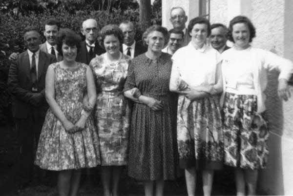Quilly Sunday school teachers pictured at St John’s Hall, Newcastle during the annual Sunday school outing on Saturday 8th June 1963. L to R: (back row) Bob Beggs, Jim Beggs, Willie Poots (superintendent), Sam Thompson, George McKee, Willie Thompson and Bertie Black. (front row) Irene Campbell (nee Wilkinson), Nan McCaw, Minnie Kelly, Ellen Beggs and Minnie Clegg. Missing is Isobel Jackson (nee Beggs) who took the photo, Elizabeth Beggs and Rosemary Allen (organist).