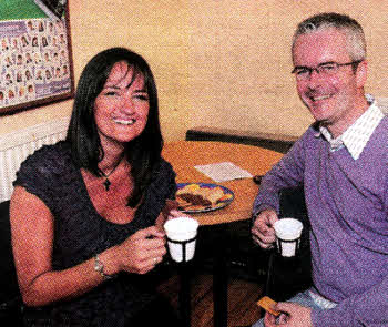 Musicians Beverly Whyte (Lisburn Christian Fellowship) and Jonny McGeown (First Lisburn) enjoying a cue of tea.
