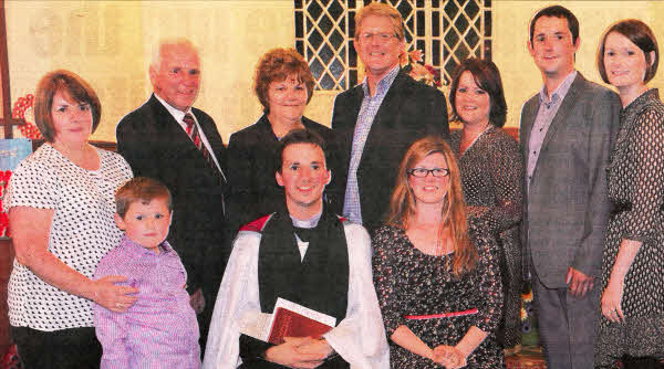 The Rev Stanley Gamble and his wife Sarah at the Service of Institution in Killinchy Parish Church on Monday, August 27. Included are Stanley's parents Stanley (Snr) and Oriel, his sister Andrea and Andrea's son Joel (left) and Sarah's parents Colin and Wendy Donaldson and her brother James and sister Ruth Edwards (right).