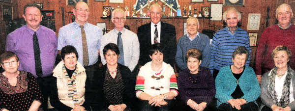 Lower Ballinderry LOL 191 Ladies Committee members L to R: (front row) Phyllis Beckett, Elizabeth Hull, Jennifer Harbinson, Wendy Hull, Mildred Devlin, Olive Laird and Sarah Scandrett. (back row) Norman Bell, Worshipful District Master of Ballinderry District LOL No 3 (centre) and Lodge members L to R: Francis Beckett (Worshipful Master and Worshipful District Master of Ballinderry District LOL No 3), Jim Martin (Treasurer), Thomas Carson (Deputy Master, George Devlin (Foremen of Committee), James Laird (Committee) and Norman Scandrett (Chaplain).