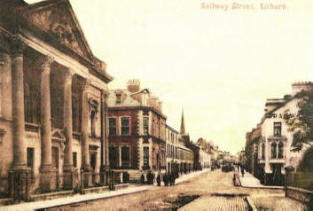 A postcard dated August 16 1916 depicting Railway Street, Lisburn. The Temperance Institute building, now known as The Bridge Community centre, appears in the centre of the picture.
