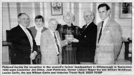 Pictured during the reception in the council, former headquarters in Hillsborough in September 1989 wore Councillor Jim Dillon. Joan Petticrew, former Lisburn Mayor the late Willam McAllister. Louise Carlin, the late William Carlin and historian Trevor Neil. US29-703SP