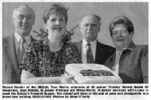 Robert Hunter of the SEELB, Tom Martin chairman of St James' Primary School Board Of Governors, Joan Shields, St James' Princlpal and Wilma Martln, St James' secretary with a cake to mark the School's Farewell Supper. The school will close at the end of June and amalgamate in a brarrd new building- US24-510A0 Picture By Aidan O'Reilly