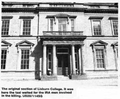 The original section of Lisburn college. It was here the taxi waited for the I. R. A. men involved in the killing.